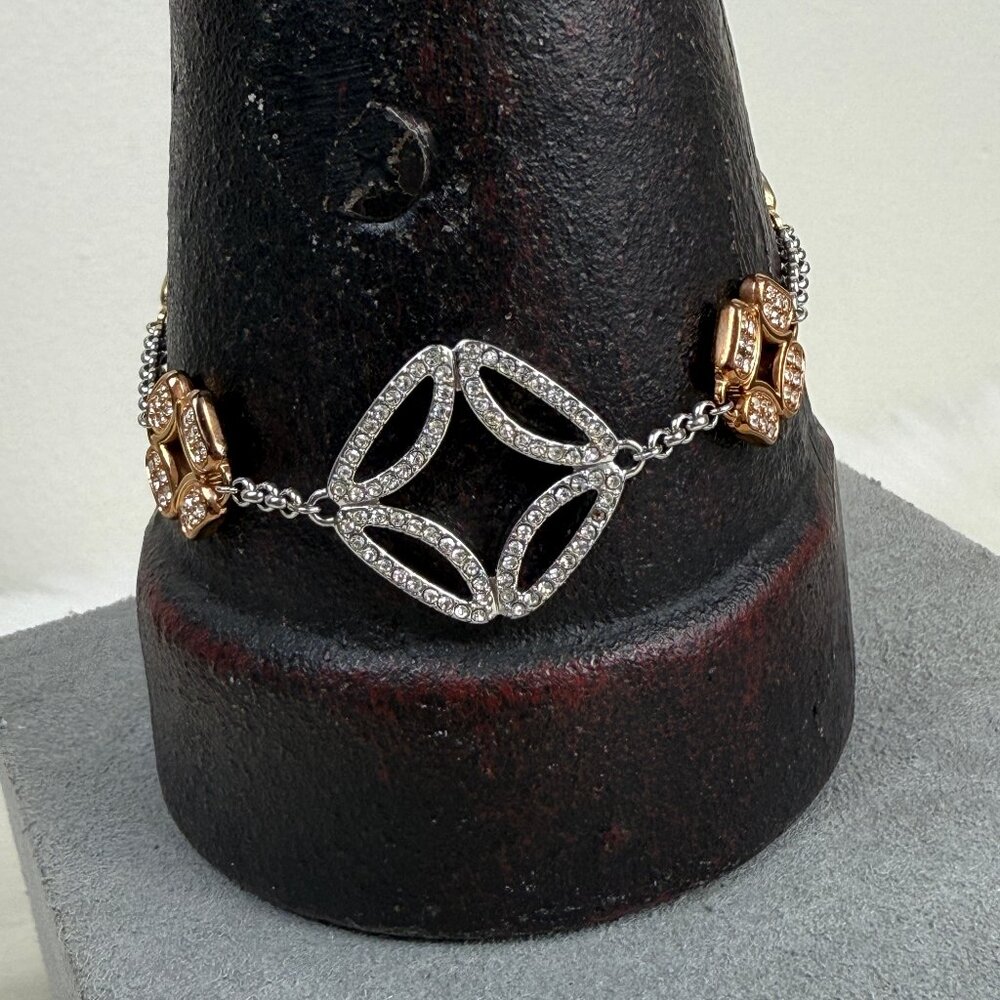 Fossil Stainless Steel Silver & Gold Tone Rhinestone Chain Bracelet 7.75"